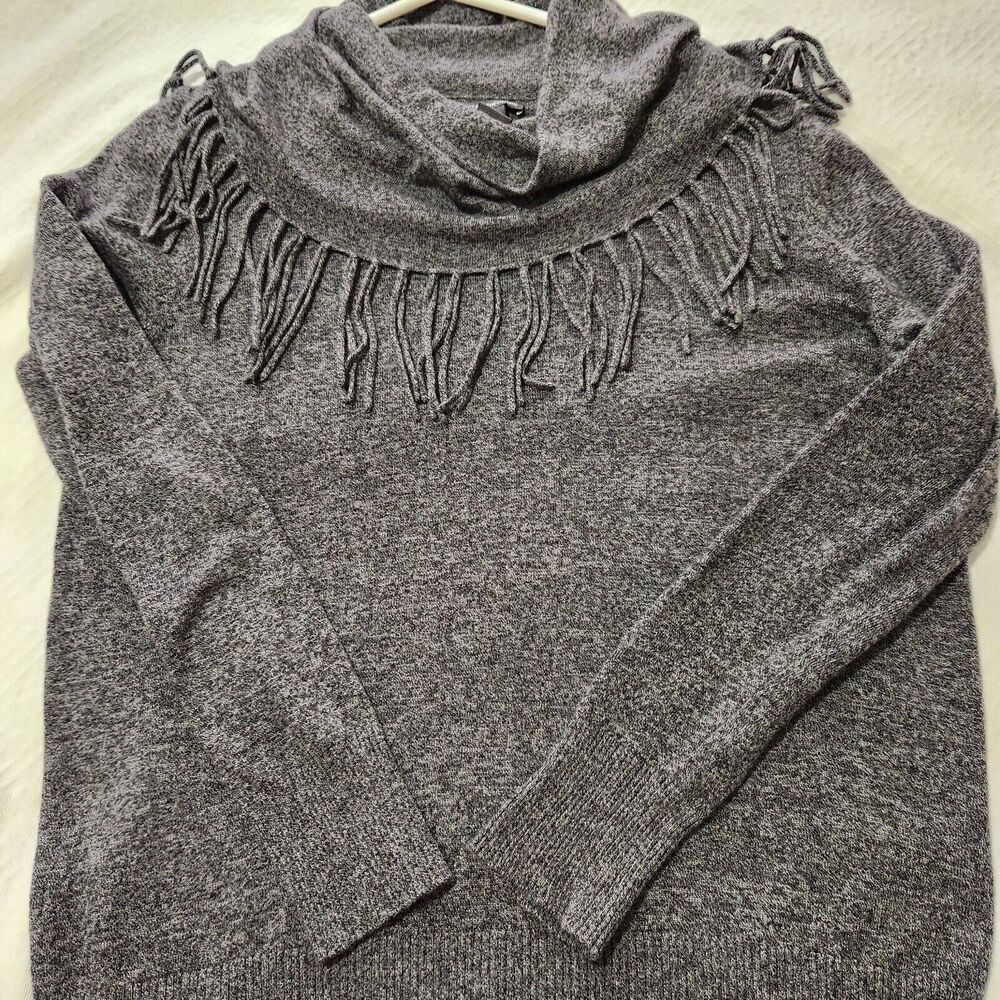 Chelsea and Theodore Top Sweater XL Gray Charcoal Fringed Cowl Neck Wool Blend. - Picture 8 of 12